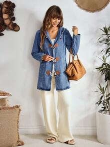 EMERY ROSE Women's Casual Hooded Denim Jacket With Horn Buttons,Christmas,  Christmas Women's Clothing ,Christmas Clothes - Blue - View 7