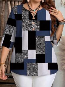EMERY ROSE Plus Size Casual Geometric Block Colorblock Pattern Shirt, Suitable For Autumn/Summer - Multicolor - View 4