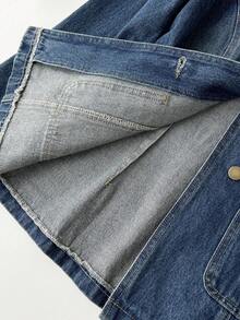 Elamini 女式休闲水洗单排扣收腰牛仔夹克，秋季 - 藍色 - 查看 4