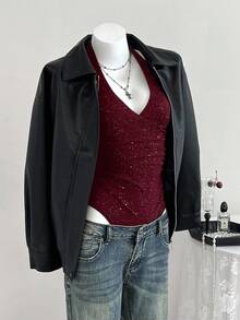 Elamini 百搭交叉深 V 领褶饰紧身衣，适合春、夏、秋、冬