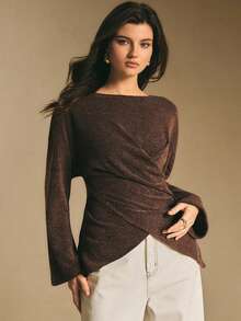 Poéselle 女士棕色T恤，裹身式上衣，后腰系带长袖宽松上衣，女士时尚通勤交叉裹身腰部T恤，休闲T恤，秋冬季 - 杏色 - 查看 6