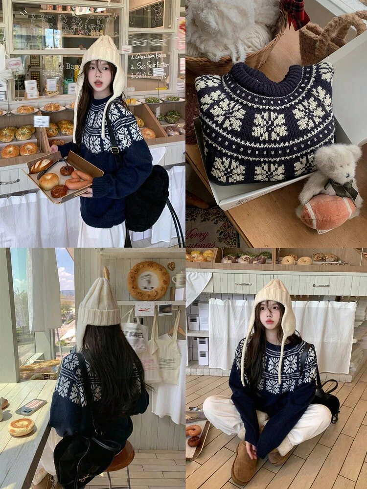 Women's Round Neck Colorblock Christmas Style Long Sleeve Korean Sweater, Autumn/Winter Vacation