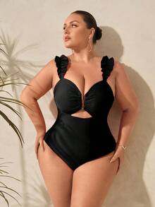 Swim Oasis Bộ đồ bơi liền thân màu đỏ trơn thiết kế thường ngày dành cho nữ cỡ lớn + váy 2 món đi biển - màu đen - Xem 7