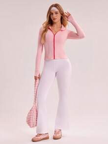 Sovereign Charm 女式撞色修身拉链长袖休闲运动夹克 - 粉色 - 查看 7