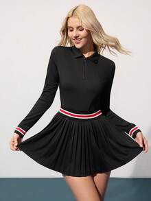 CourtClass Women's Zip-Up Polo Collar Striped Long Sleeve Pleated Hem Sports Dress With Shorts Tennis Dress Long Sleeve Tennis Dress Black Tennis Dress Polo Dress Tummy Control Tennis Dress Tennis Skirt Set Pleated Tennis Dress Tennis Dress With Shorts Zip Up Tennis Dress Long Sleeve Tennis Outfit