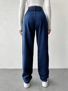 EURMUSE Jeans casuales de tiro alto y cintura lavada para mujer - Azul lavado medio - Ver 2