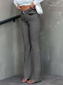 SHEIN Tall Women's High Waist Pocket Frayed Hem Casual Versatile Flare Jeans - Light Grey - View 1
