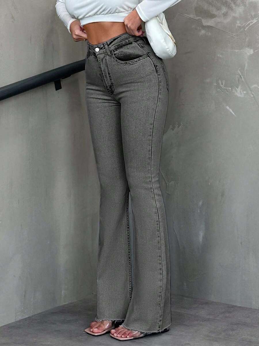 SHEIN Tall Women's High Waist Pocket Frayed Hem Casual Versatile Flare Jeans - Light Grey - View 1