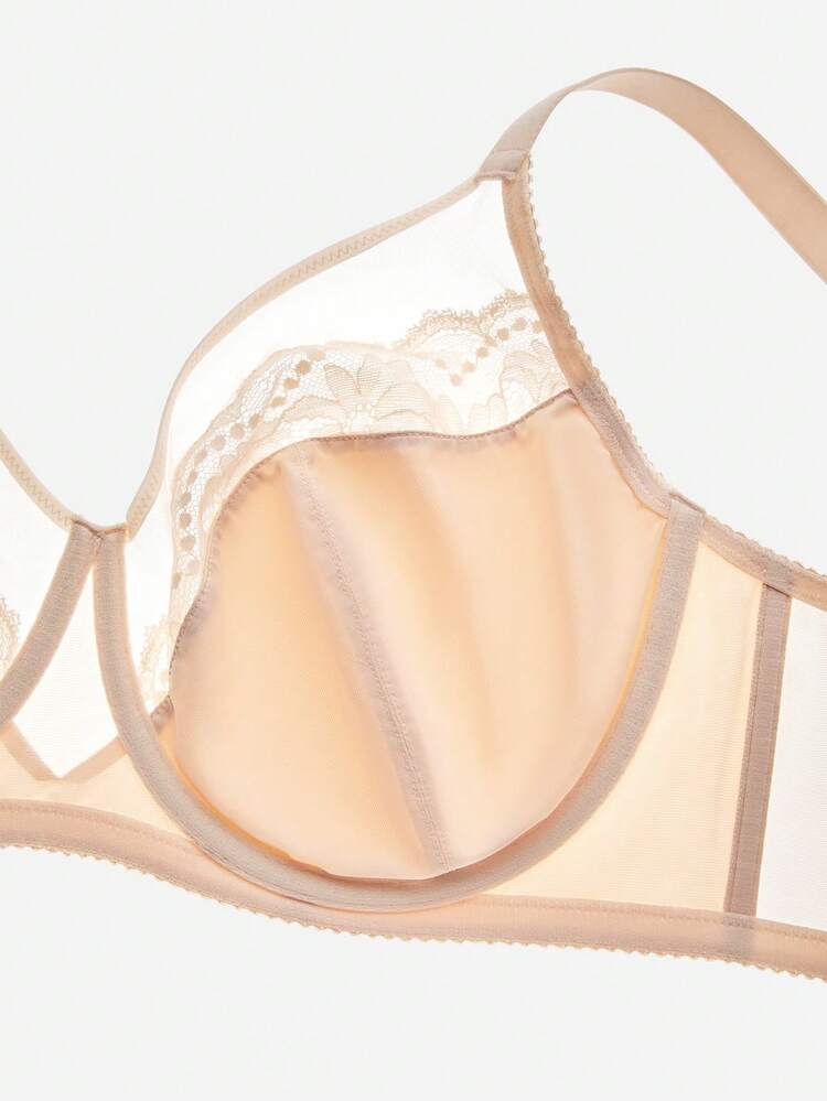 Plus Full Coverage Unlined Mesh & Lace Bra