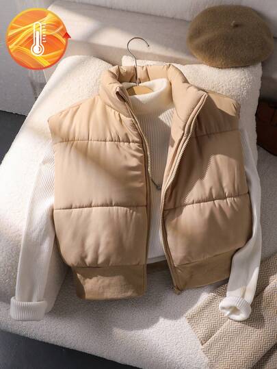 SHEIN Teen Girl Casual All-Match Versatile Sleeveless Short Padded Vest, Autumn/Winter