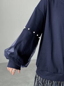 FRIFUL Women's Round Neck Pearl Button Decor Lantern Sleeve Loose Mesh Splice Sleeve Thickened Solid Color Sweatshirt, Halloween Costume