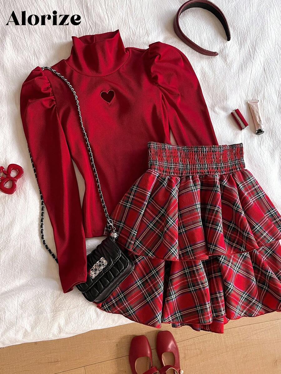 Sparklyn 2件套少女休闲圣诞新年红色T恤和格子裙套装 - 紅色 - 查看 1