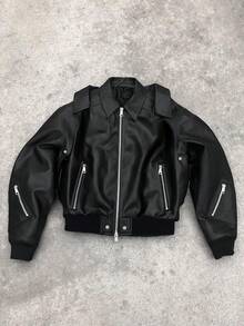 STYNVO 男士PU皮长袖夹克，街头风百搭复古美式休闲夹克，拉链设计情侣款，秋冬款，朋克风 - 黑色 - 查看 1