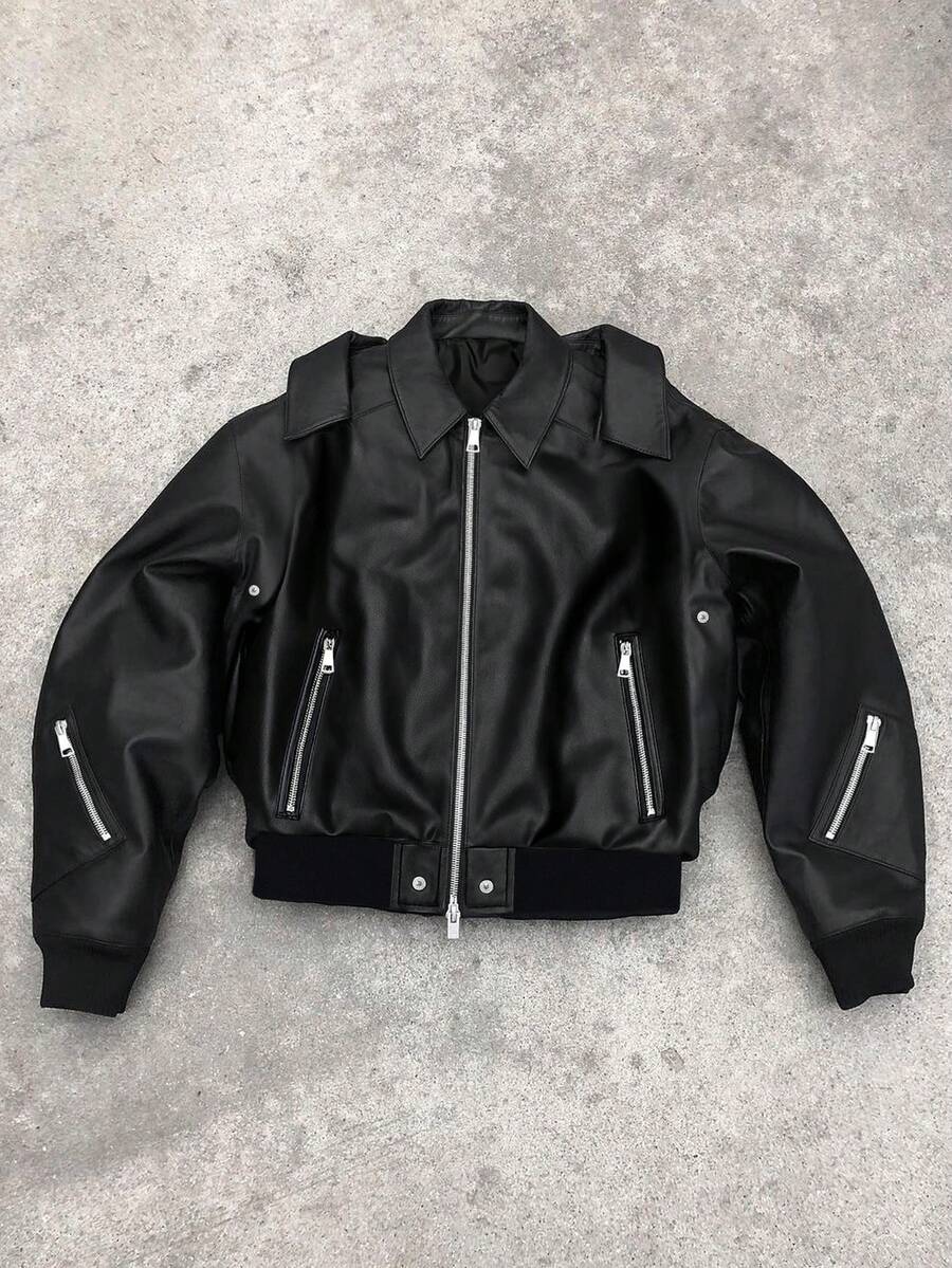 STYNVO 男士PU皮长袖夹克，街头风百搭复古美式休闲夹克，拉链设计情侣款，秋冬款，朋克风 - 黑色 - 查看 1