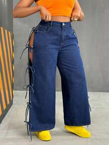 Slaydiva Winter Plus Size Women Cowgirl Style Blue Lace-Up High Slit Flare Leg Pants, Sexy Fall - Dark Wash - View 1