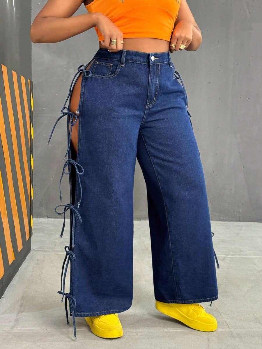 Slaydiva Winter Plus Size Women Cowgirl Style Blue Lace-Up High Slit Flare Leg Pants, Sexy Fall - Dark Wash - View 1