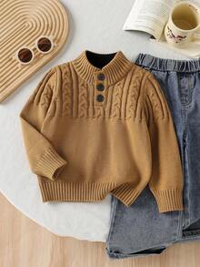 SHEIN Young Boy Solid Color Long Sleeve Knitted Cable Casual Pullover Sweater Toddler Boy Toddler Boys 8 Years Old Boy Knitwear Boys Autumn Winter Casual Two Piece Set Wednesday Addams Cotton Winter Sweaters For Kids - Apricot - View 2