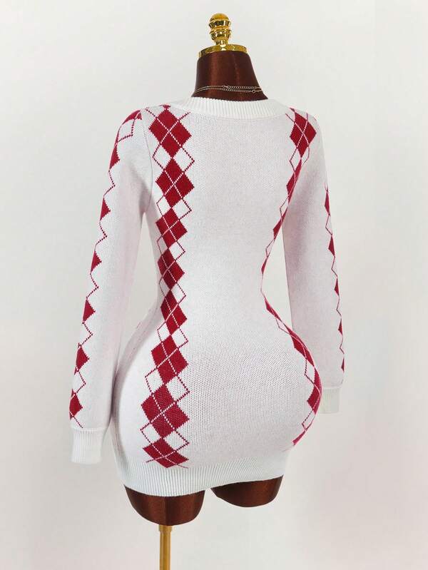 Amplova Christmas Vibe Deep V-Neck Long Sleeve Bodycon Mini Knit Dress