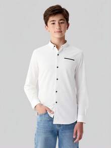 SHEIN 1 件青少年男孩绅士风格米色百搭修身长袖翻领衬衫，优雅学院风个性化休闲外套，适合婚礼、婚礼宾客、花童、戒童