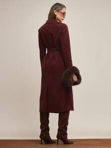 MUSERA 系腰带中长款风衣优雅秋季冬季圣诞节夜间外出工作可爱性感 - 酒紅色 - 查看 3