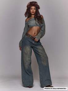 MUSERA Washed Back Pocket Mid Rise Wide Leg Belt Loop Detail Denim Jeans Autumn Winter Fall Going Out Everyday Night Out Casual Cool Streetwear Washed  Chic Spring Summer - Light Wash - View 1