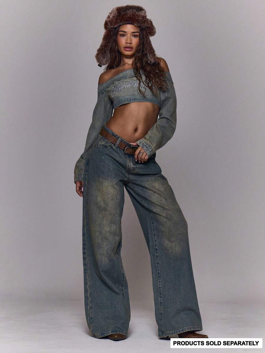 MUSERA Washed Back Pocket Mid Rise Wide Leg Belt Loop Detail Denim Jeans Autumn Winter Fall Going Out Everyday Night Out Casual Cool Streetwear Washed  Chic Spring Summer - Light Wash - View 1