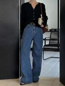 DAZY Women's Classic Fashionable Loose Straight Leg Slimming Wide Leg Jeans, Autumn/Winter