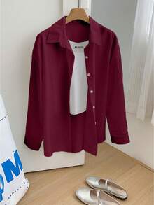 Resyla Plus Size Women Casual Solid Color Front Button Long Sleeve Shirt, Autumn - Burgundy - View 5