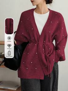 Dazy-Less Áo khoác cardigan len kim sa lấp lánh, rộng rãi, thoải mái cho nữ, có dây rút ở eo, thích hợp mặc đi làm, đi chơi, mặc ở nhà vào mùa thu/đông, Giáng sinh, năm mới - Màu Đỏ Sâu - Xem 2