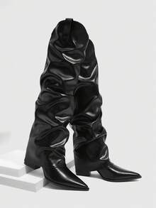 CUCCOO SZL Pointed Toe Thigh High Chunky Heel Tall Boots, Sexy Riding Boots For Women - Black - View 3