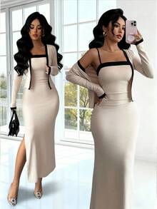 SHEIN Elenzya Bộ 2 chiếc áo khoác cardigan dài tay phối màu thanh lịch dành cho nữ và váy liền thân, thích hợp cho tiệc tùng, họp mặt gia đình, Giáng sinh, Halloween, ngày lễ tình nhân, năm mới, đi làm và mặc thường ngày, mùa thu/đông - Màu be - Xem 8