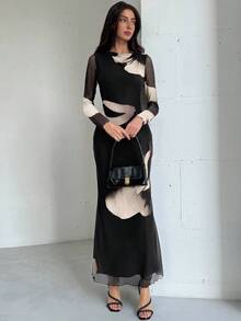 Aloruh Váy dự tiệc cocktail cổ thuyền tay dài in họa tiết lưới nhuộm sang trọng, thu/đông - Màu Khaki - Xem 3