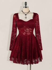 SHEIN ICON 大码女式甜心领蕾丝拼接长袖优雅连衣裙 - 紅色 - 查看 5