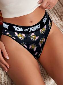 TOM & JERRY X SHEIN 2件組女款黑白卡通印花對比字母貼帶性感丁字褲，可愛柔軟舒適，甜美日系卡通女用丁字內褲 - 黑與白 - 查看 3