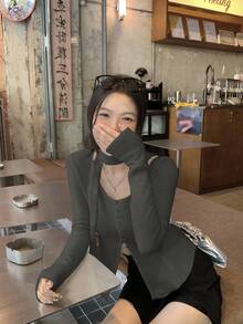 DAZY 女士纯色韩版系带圆领休闲长袖T恤 - 灰色 - 查看 3