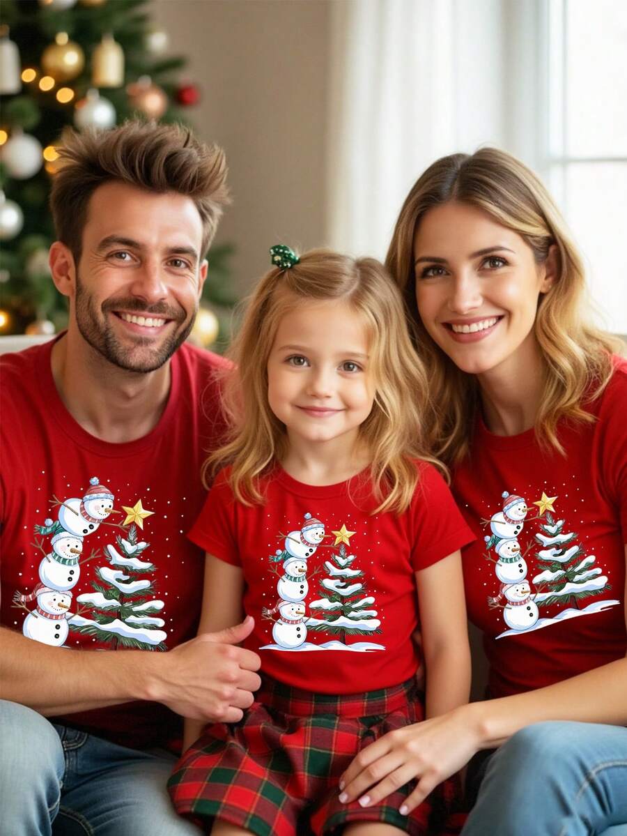 Weihnachten Frauen Lässig Stylish Cartoon Süßer Schneemann Weihnachtsbaum Muster Weihnachtsbaum Kreatives Slogan Grafik Kurzarm T-Shirt Grafik Tops Frauen - Bordeaux - Übersicht 1