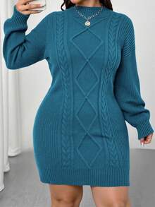 Elenzga Plus Size Solid Color Fitted Knit Dress, Casual For Autumn/Winter - Dusty Blue - View 3