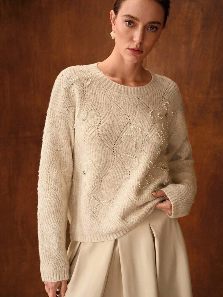 WOMEN'S ELEGANT SWEET FAUX PEARL RHINESTONE DETAIL CREW NECK SWEATER, AUTUMN