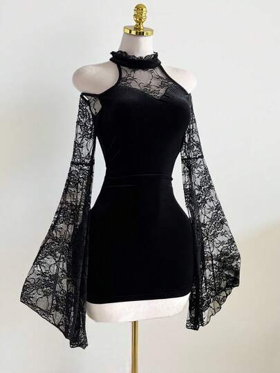 Elamini 黑色天鹅绒和蕾丝拼接圆领露肩复古喇叭袖紧身迷你连衣裙，优雅精致，适合秋冬季派对、婚礼、约会、休闲穿着