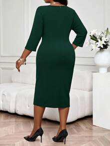 SHEIN Lady Elegant Dark Green Autumn Curve Cocktail Pencil Dress,Women's Knitted V-Neck Ruffle Tight Plus Size Wedding Guest,Christmas Party Graduation Dresses - Dark Green - View 2