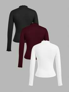 SHEIN EZwear 3件套休闲简约紧身长袖T恤，黑色、酒红色、白色，适合秋冬 - 彩色 - 查看 2