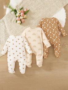 SHEIN Playful Pals Heart Print Newborn Baby Jumpsuit, Rainbow Khaki Jumpsuit