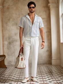 Manfinity VCAY 男士条纹单排扣口袋休闲/通勤短袖衬衫 - 淺藍色 - 查看 3