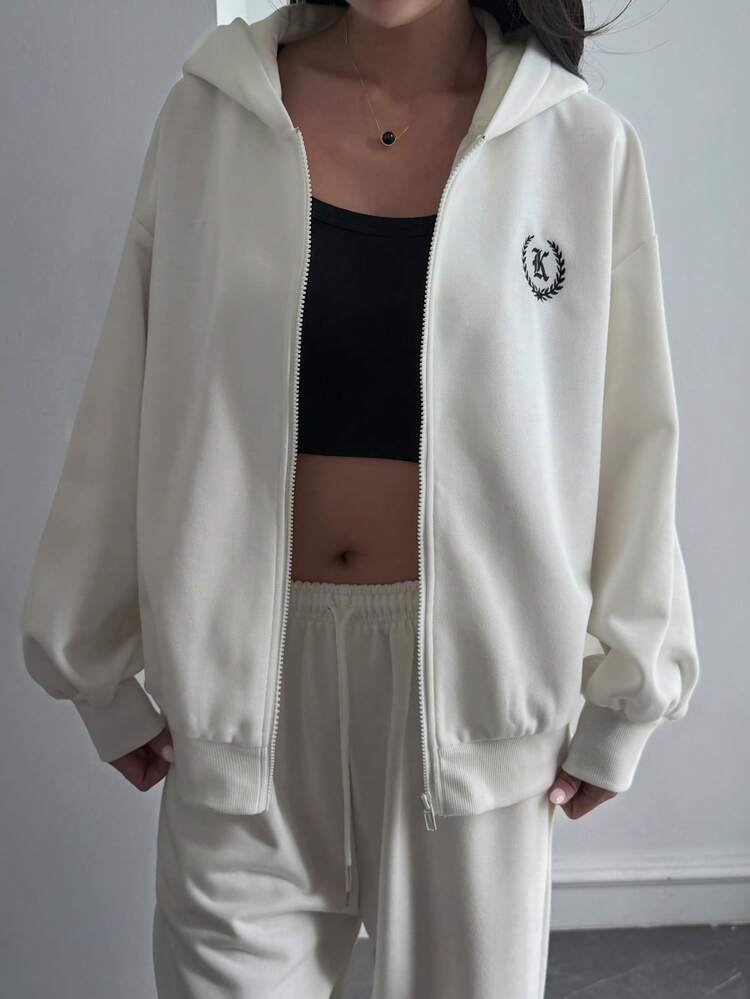 Women's Autumn Letter Embroidery Drop Shoulder Long Sleeve Zipper Front Casual Sweatshirt Hoodies