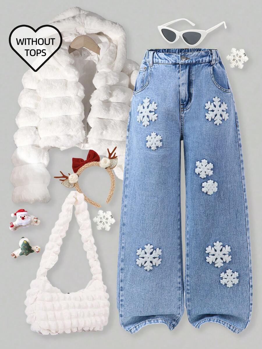 ChillGRL Tween Girls New Fashion Distressed Snowflake Embroidered Wide-Leg Jeans Snowflake Jeans Embroidered Jeans Jean Pants Embroidery Christmas Clothes Jeans With Bows Flower Jeans Tween Jean Pants Embroidery - Light Wash - View 1