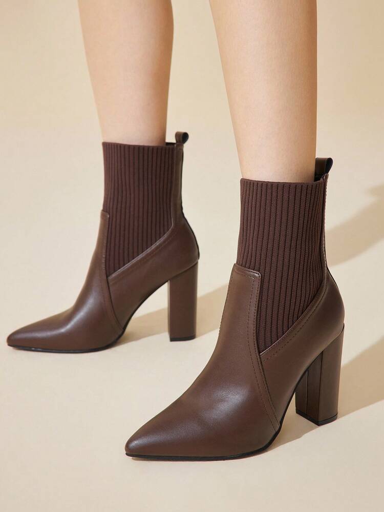 CUCCOO BASICS Women's Coffee Color Pointed Toe Chunky Heel Boots, Elegant Commuting Minimalist Daily All-Match Versatile Knit Mid-Calf Ankle Boots For Christmas Spring Shoes