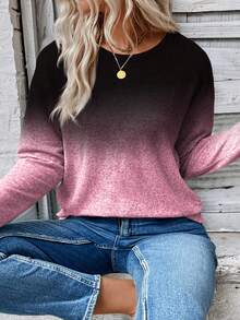 EMERY ROSE Plus Size Ombre Gradient Round Neck Long Sleeve Basic T-Shirt, Fashionable & Casual - Multicolor - View 5