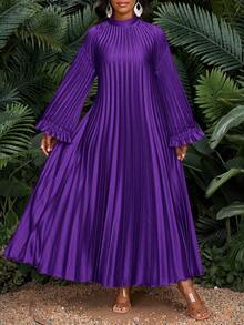 SHEIN Lady New Plus Size Women's Purple Solid Color Stand Collar Drop Shoulder Long Sleeve Loose Pleated Casual Dress Women Church Dress Pleated Maxi Dress Pleated Dress Maxi Long Sleeve Dress Purple Maxi Dress Christmas Dress Winter Dress Women  Four Season Dress Stylish Clothing Collection - Purple - View 6
