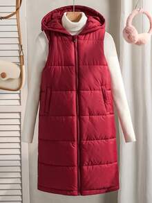 SHEIN Tween Girls Casual All-Match Hooded Sleeveless Pocket Contrast Color Padded Long Padded Vest, Autumn/Winter - Burgundy - View 3