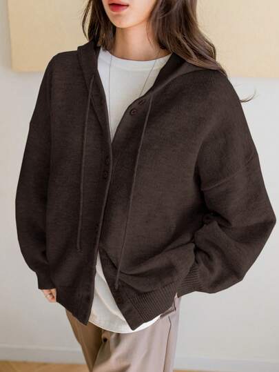 Dazy-Less بلوزة رياضية كاجوال فضفاضة للنساء بلون بني داكن بقلنسوة، قطعة محبوكة، مناسبة للخريف والشتاء رمضان